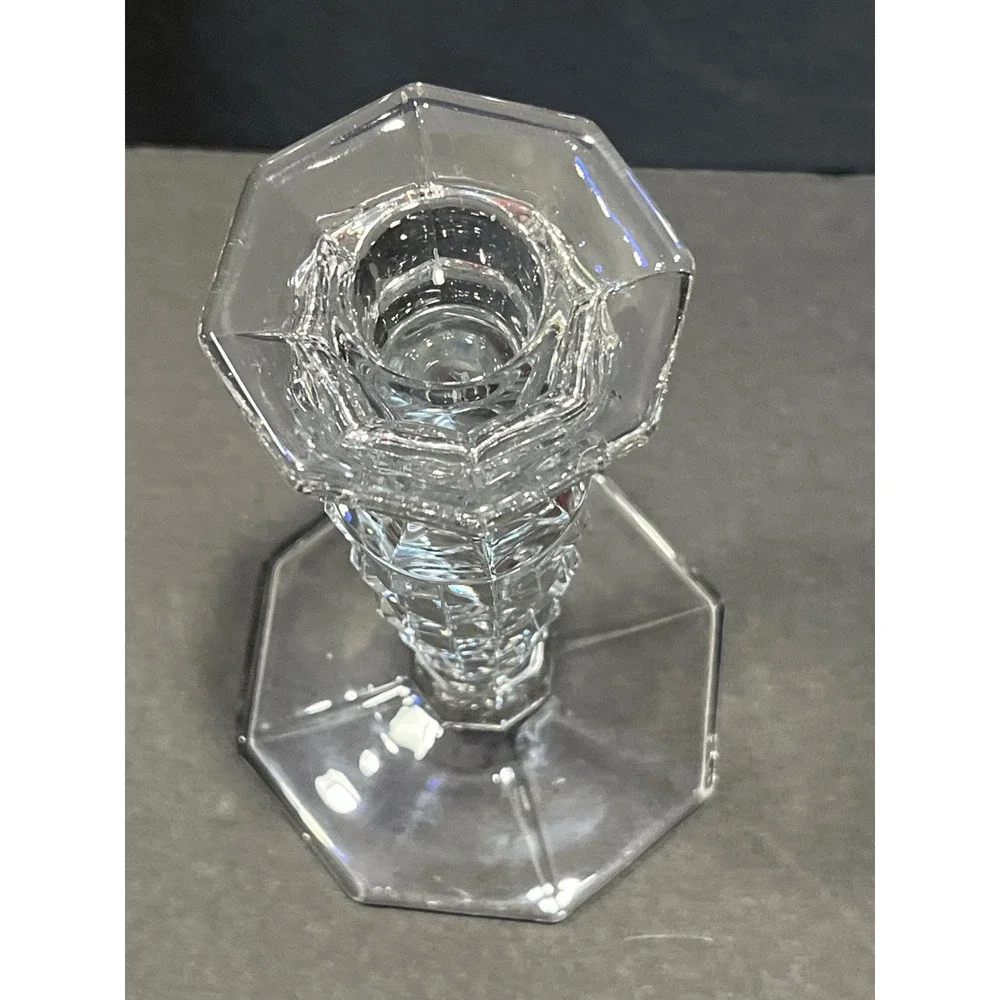 Vntg Crystal Glass Candlestick Holders Set of 2 Hexagon Base Diamond Cut 6.25